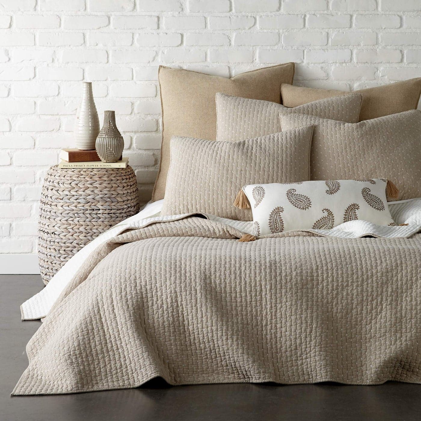 Levtex Home Cross Stitch Taupe Quilt Set FullQueen Quilt Two Standard Pillow Shams Cross Stitched Pattern Quilt Size 88x92in and Pillow Sham Size 26x20in Reversible Cotton Fabric