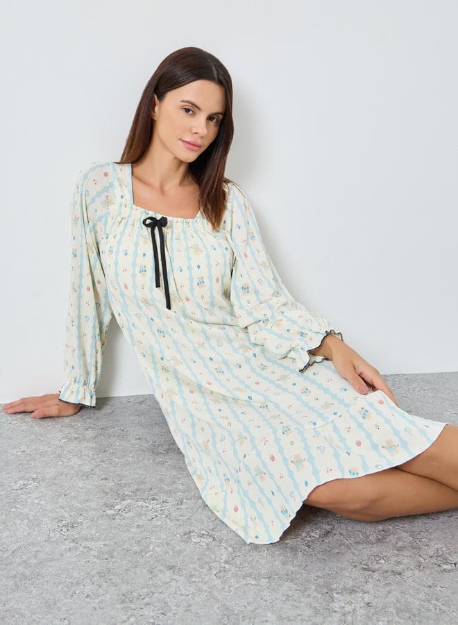 Styli Animal Print Square Neck Nightdress with Bow Detail