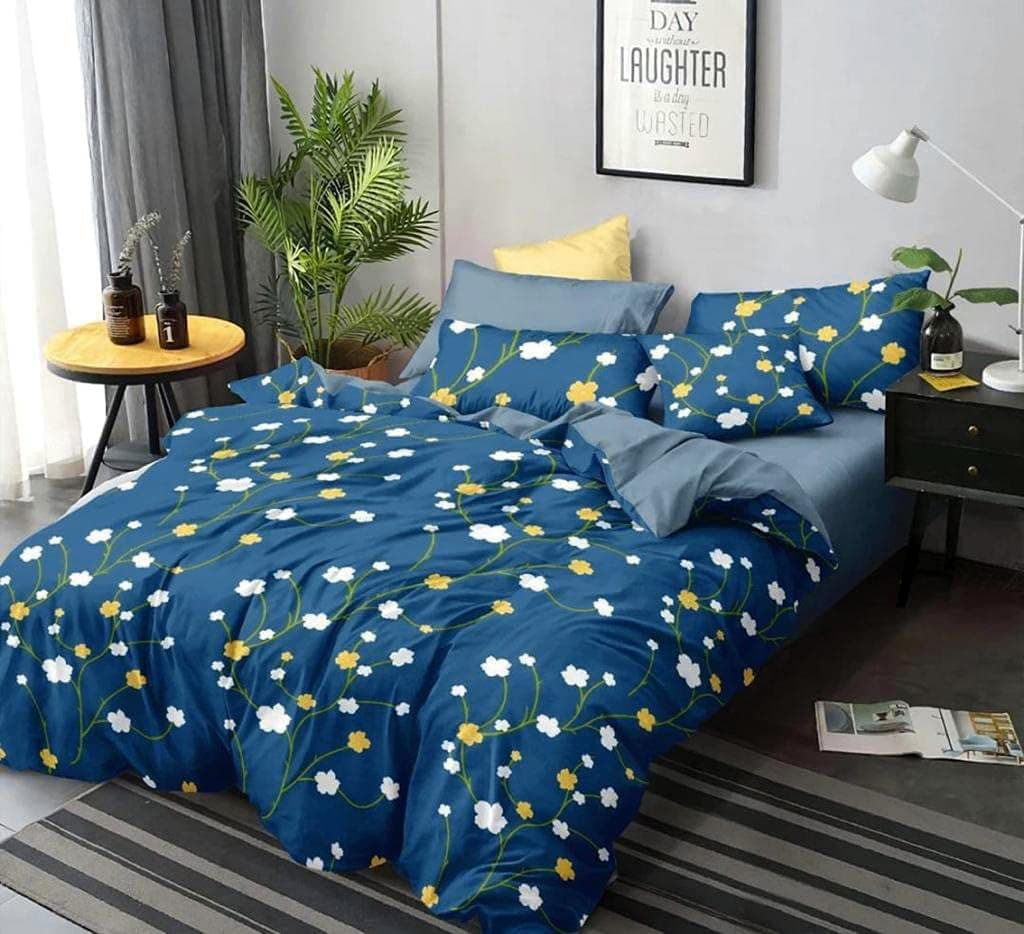 DECOMIZER Super Soft Glace Cotton King Size AC Comforter II Blanket II Duvet for Double Bed with 1 Flat Bedsheet and 2 Pillow Cover - 4 Piece Comforter Set - Blue Yellow-300 TC