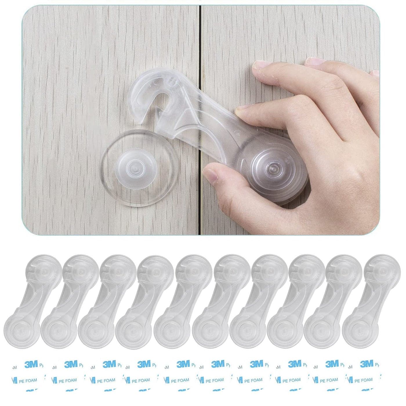 Child Safety Cabinet Locks 10 Pack Baby Proofing Latches Lock for Drawers Toilet Seat Fridge Oven with 10 Extra 3M Adhesives Transparent