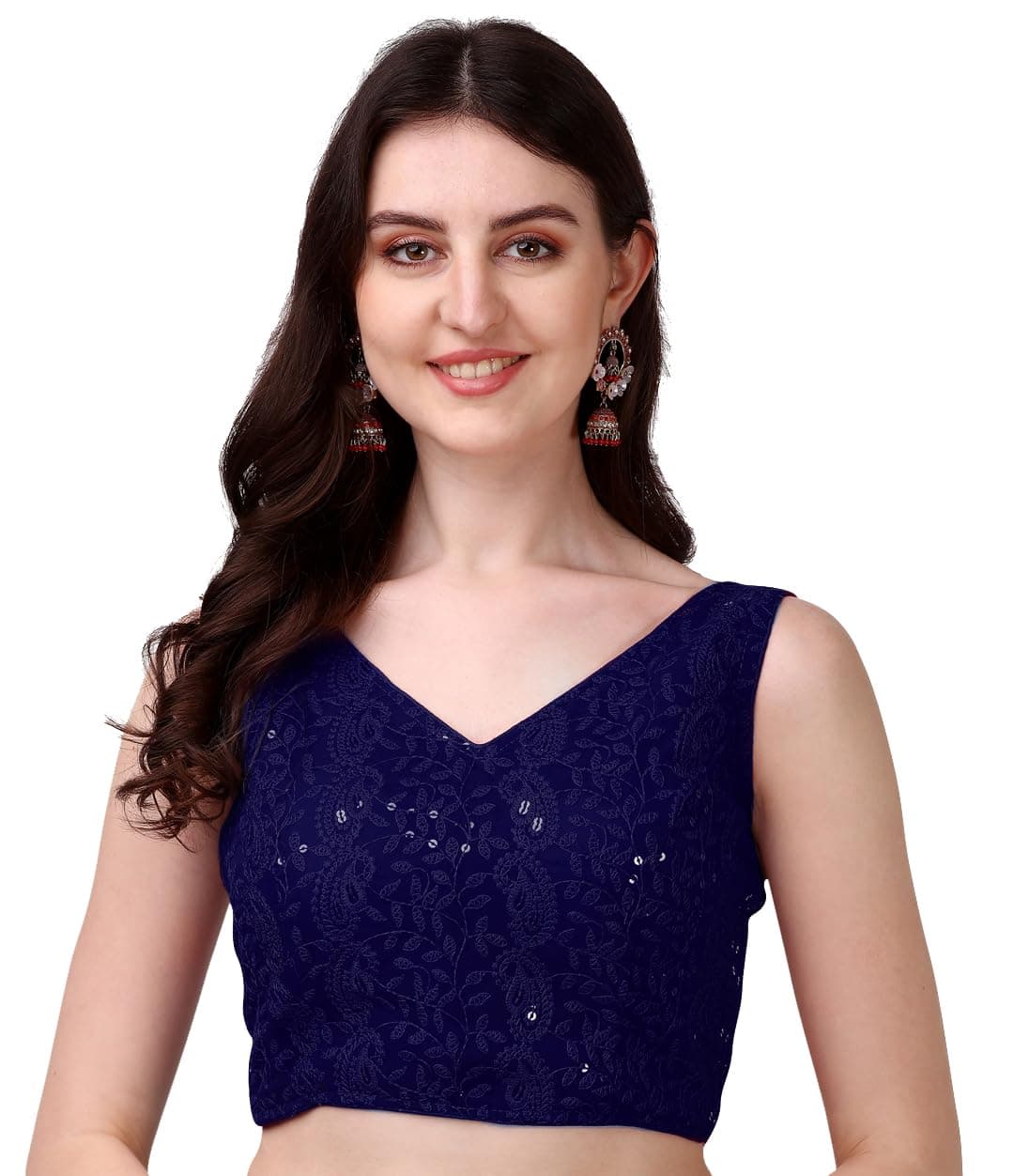 Pujia Mills Women's Georgette Sipali Sequin Work Sleeveless Blouse (Navy Blue, 34)