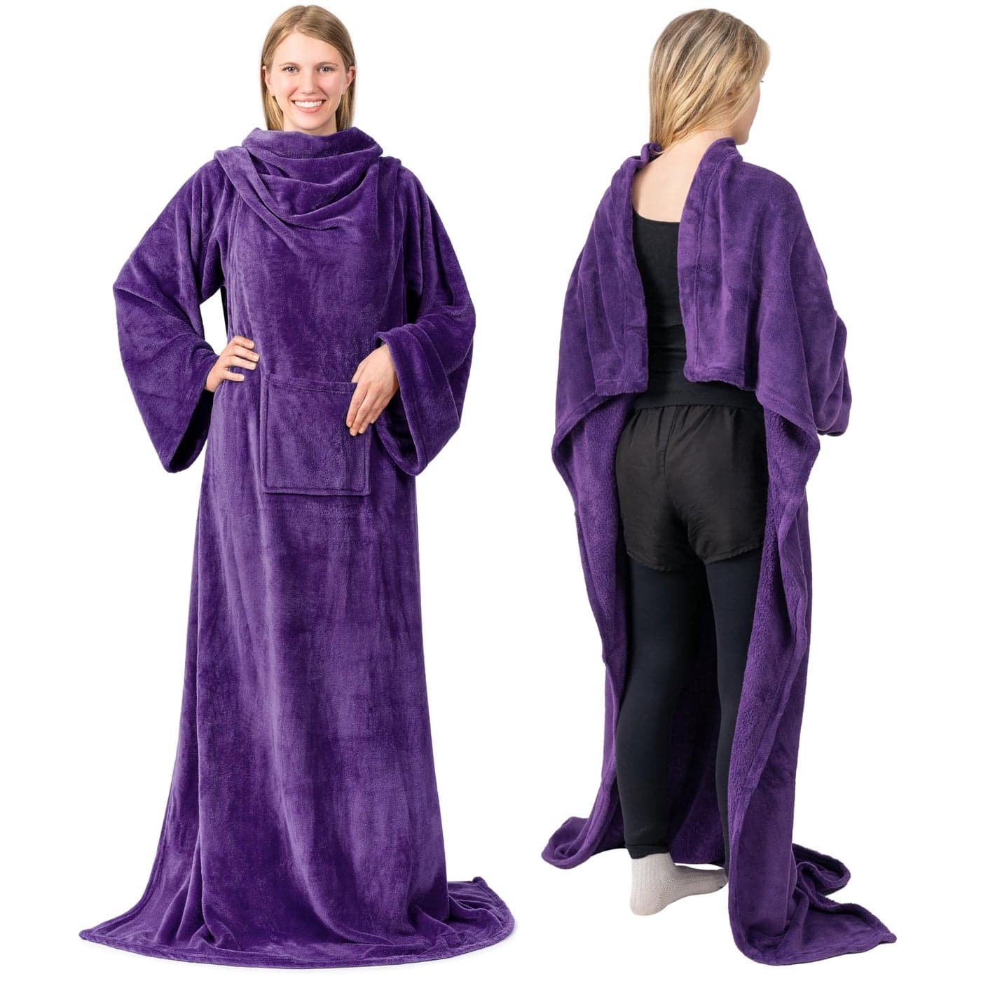 PAVILIA Wearable Blanket with Sleeves for Adult Women Men Cozy Fleece Warm Wrap Throw Blanket with Arms Pocket Gifts for Christmas Wife Purple