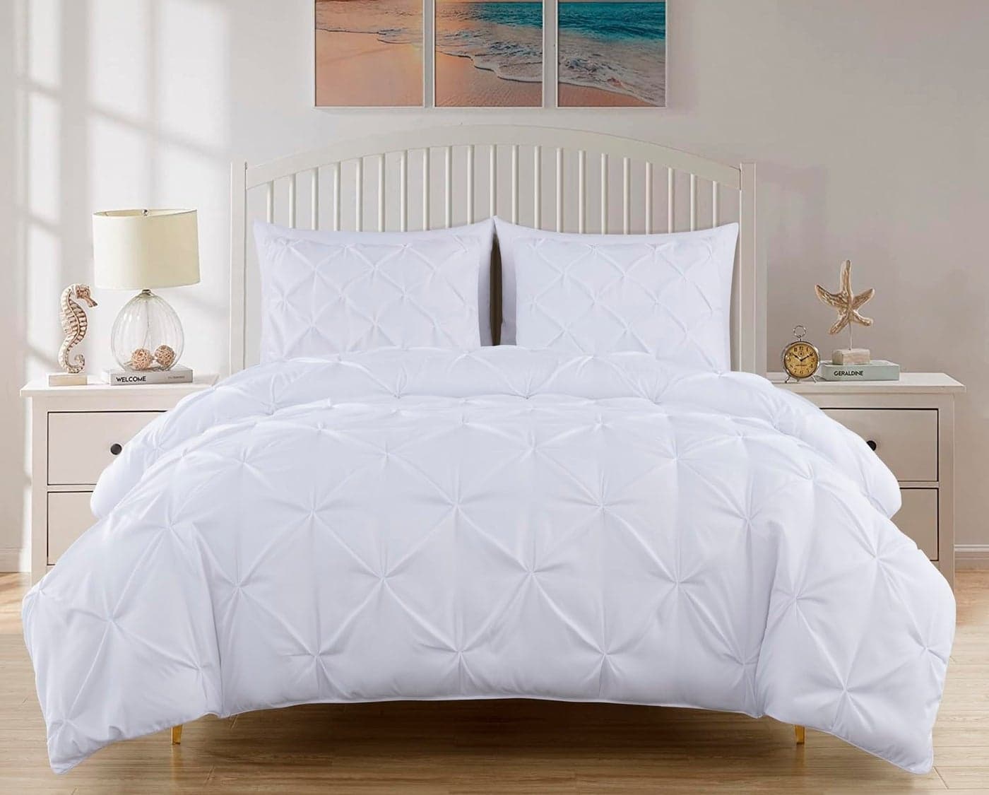 Chezmoi Collection Berlin White Pinch Pleat Queen Comforter Set 3Piece Comforter and Pillow Shams Soft Pintuck Lightweight All Season Microfiber