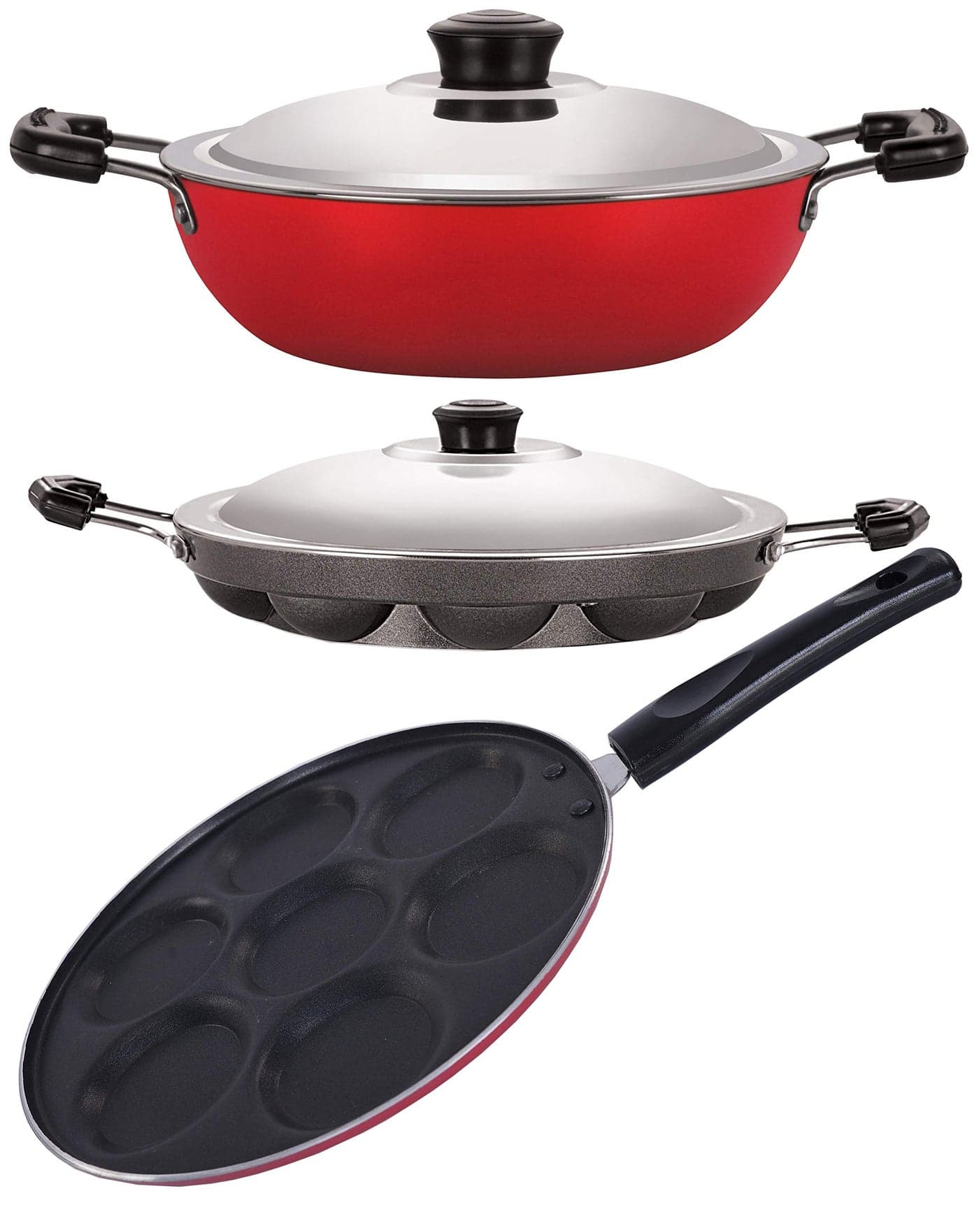 Nirlon Aluminium Cookware Set, 3-Pieces, Red and Black, 2.6mm_DKD(J)_AP12_UP7