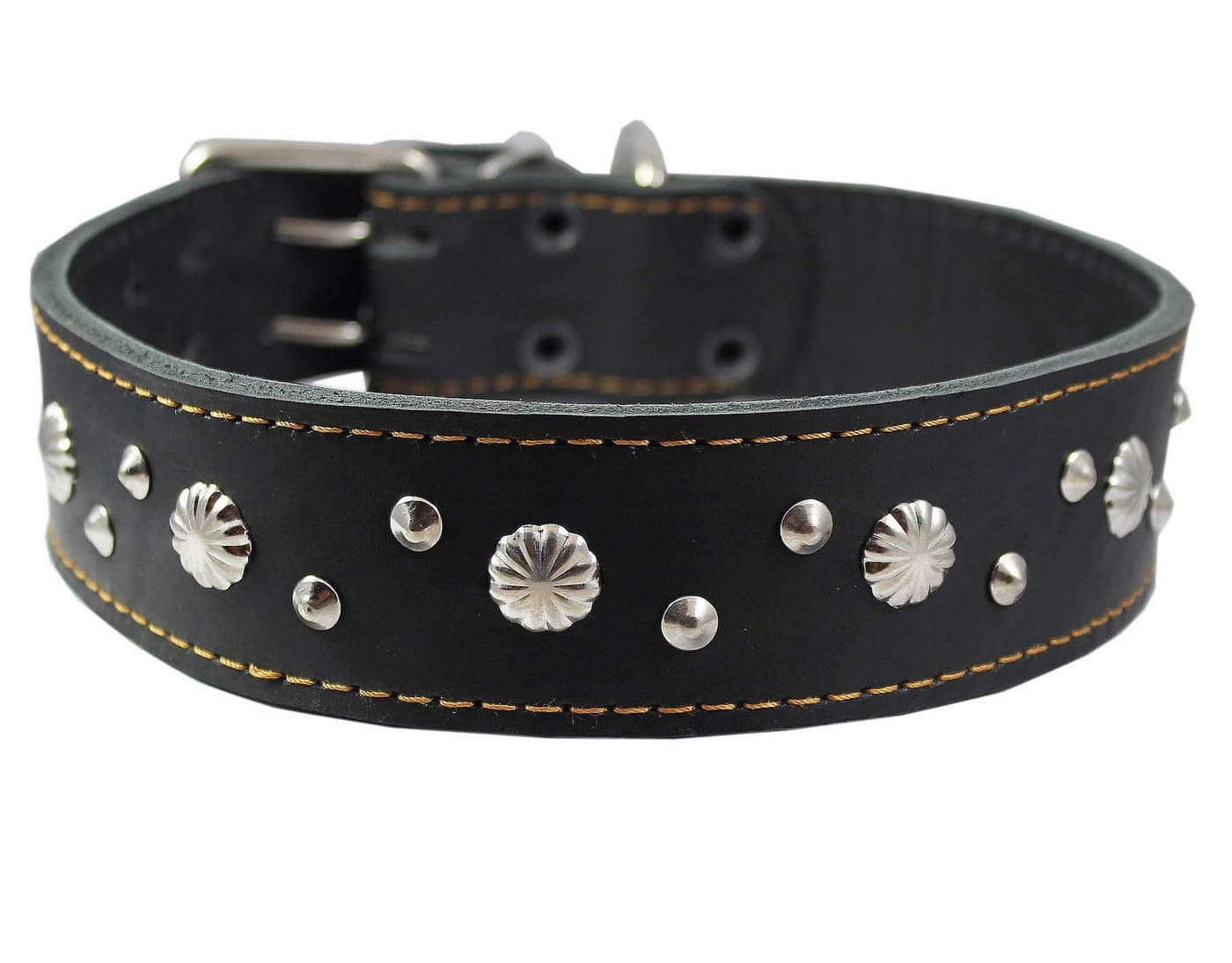 Thick Genuine Leather Studded Dog Collar 2" Wide Black Sized to Fit 19"-22" Neck. Retriever, Doberman, Rottweiler, Pit Bull
