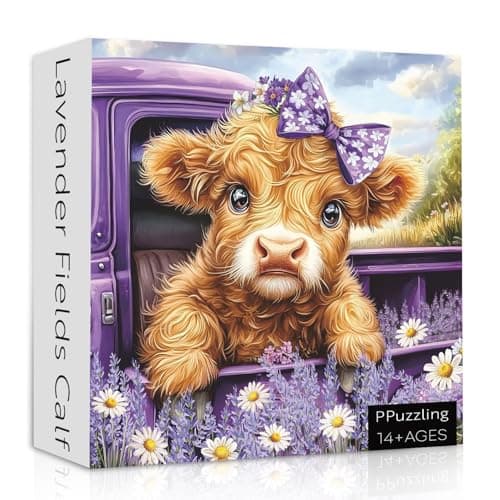Highland Cow Puzzle for Adults 1000 Pieces Cute Farm Cow Animal Puzzle Featuring Lavender Flower Daisy Field Purple Vintage Truck Scene Jigsaw Puzzle Nature Floral Scenery Puzzle
