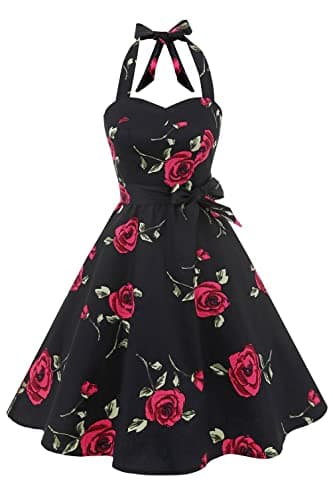 Topdress Women's Vintage Polka Audrey Dress 1950s Halter Retro Cocktail Dress Black/Fuchisa Rose 2XL