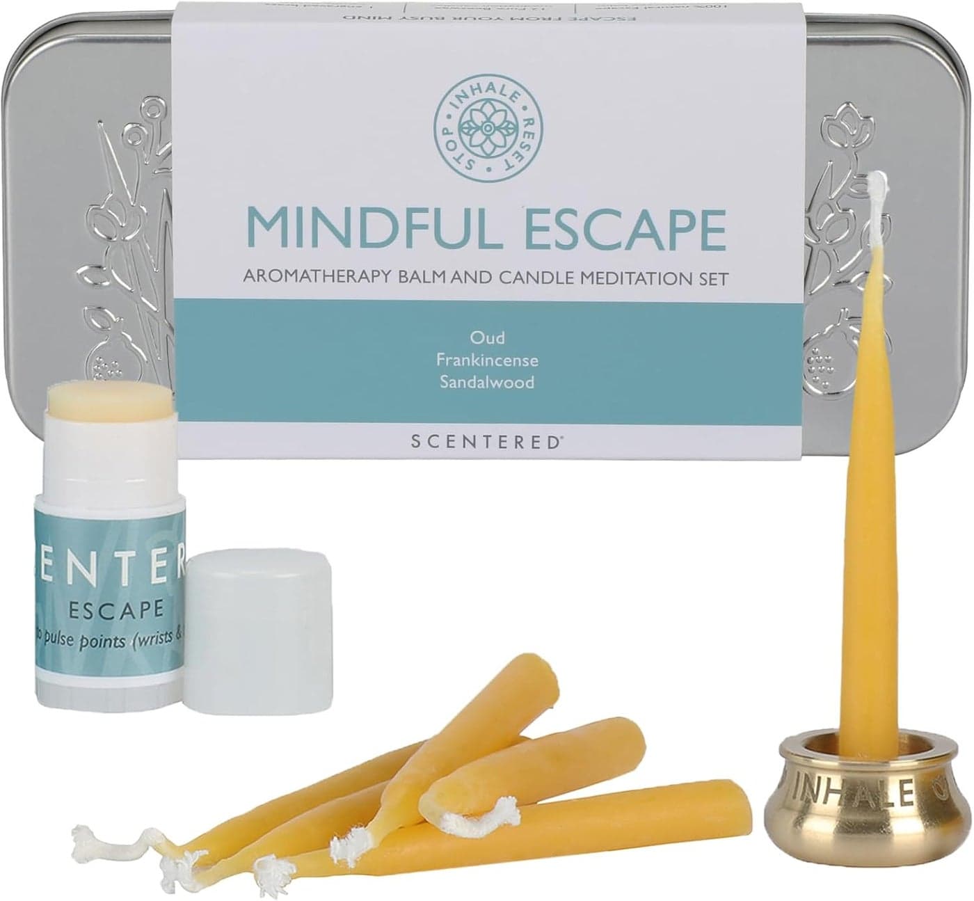 Scentered Yoga Meditation Kit - Aromatherapy Balm & Natural Beeswax Candles Set for Mindfulness - 12 x Pure Beeswax Candles with Brass Holder & Essential Oil Blend Balm - Yoga Accessories for Women