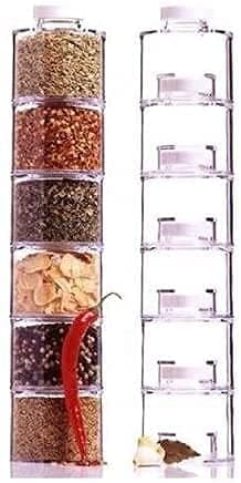 Ostin Acrylic Transparent Spice Tower Container Set 6 Bottle Stackable Spice Rack Carousel Spice Tower Space Saving Kitchen Spice Jars Herbs Condiments Spices Seasoning Box Jars with Lids