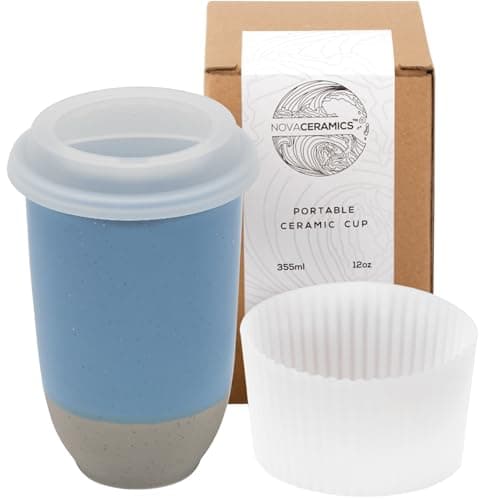 NOVA CERAMICS Travel Mug - Ceramic Coffee Mug With Lid – Microwave & Dishwasher Safe Coffee White & Grey Tumbler - Fits In Cup Holder – 12oz – Coastal Drift