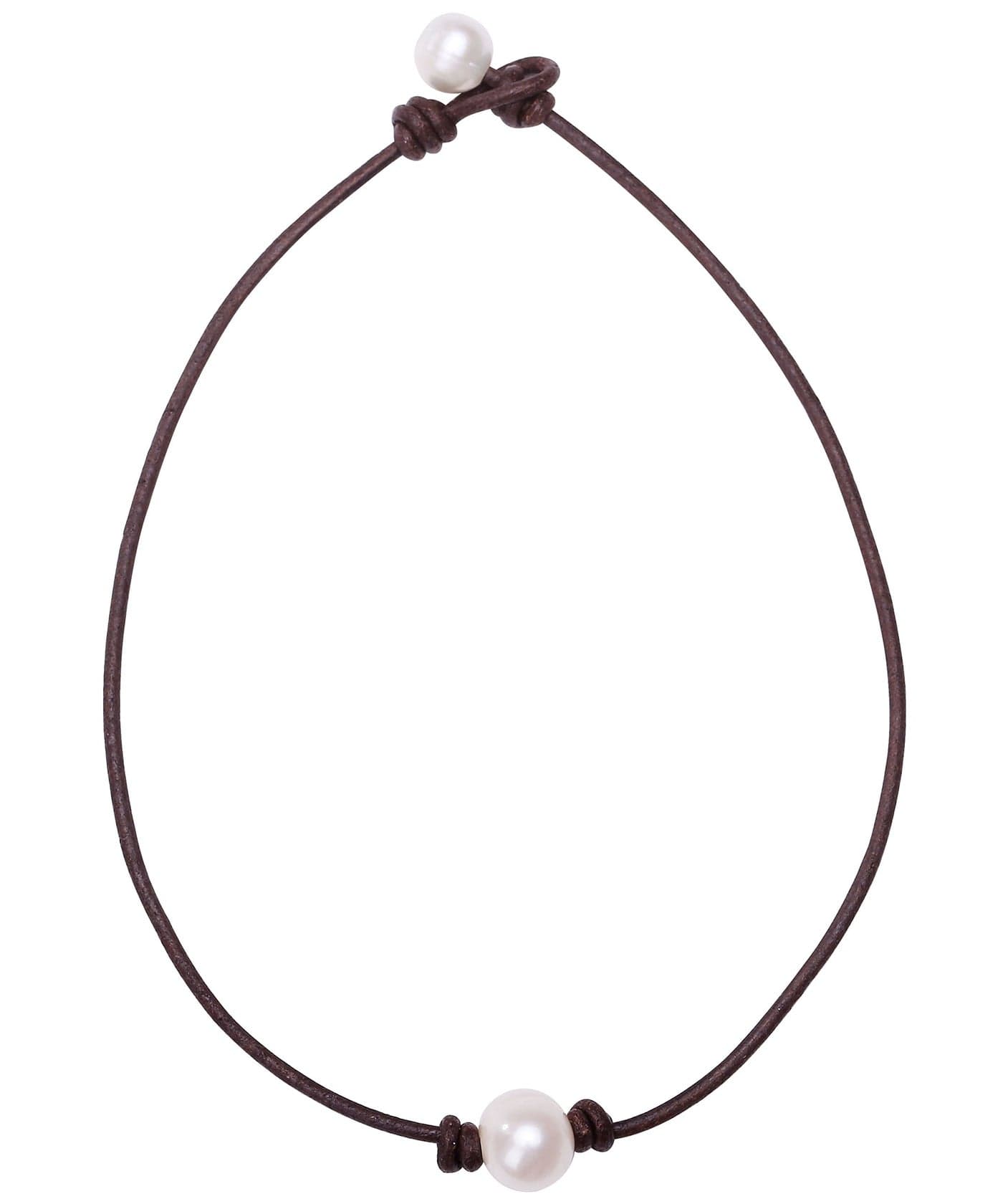 Aobei Pearl Single Cultured Freshwater Pearl Necklace Choker for Women Genuine Leather Jewelry Handmade 14'' Brown