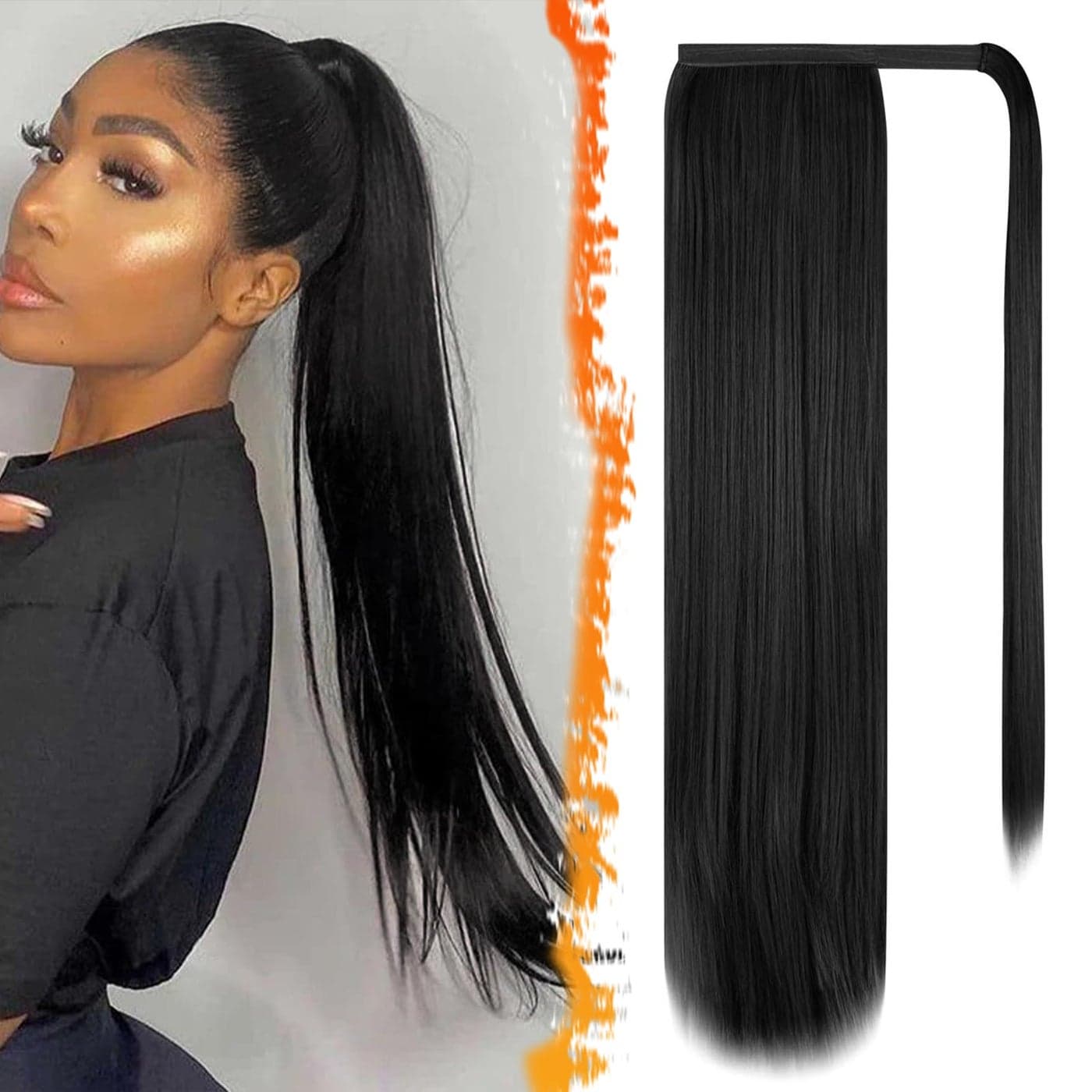 BARSDAR Natural Black Straight Wrap Ponytail Extension 24 Inch Long Straight Wrap Around Ponytail Hair Extensions for Black Women Synthetic Clip in Pony Tails Hairpieces Daily