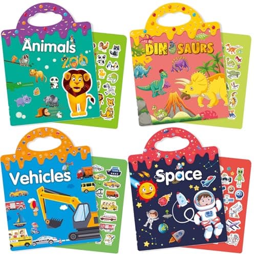 Reusable 4Set Sticker Books for Toddlers 24 Toy Stickers Pad Reusable Sticker Books for Toddlers 13 Fashion Activity Birthday Gift Toy for Girl BoyAnimals Dinosaurs Space Vehicles