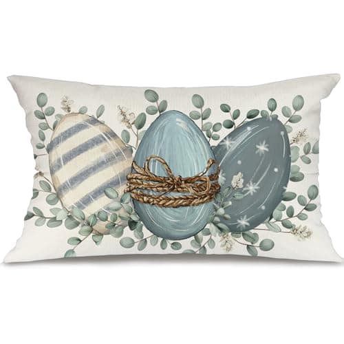 GEEORY Easter Pillow Cover 12x20 Inch - Blue Eggs Eucalyptus Decor, Farmhouse Spring Pillow Case for Home Sofa Couch