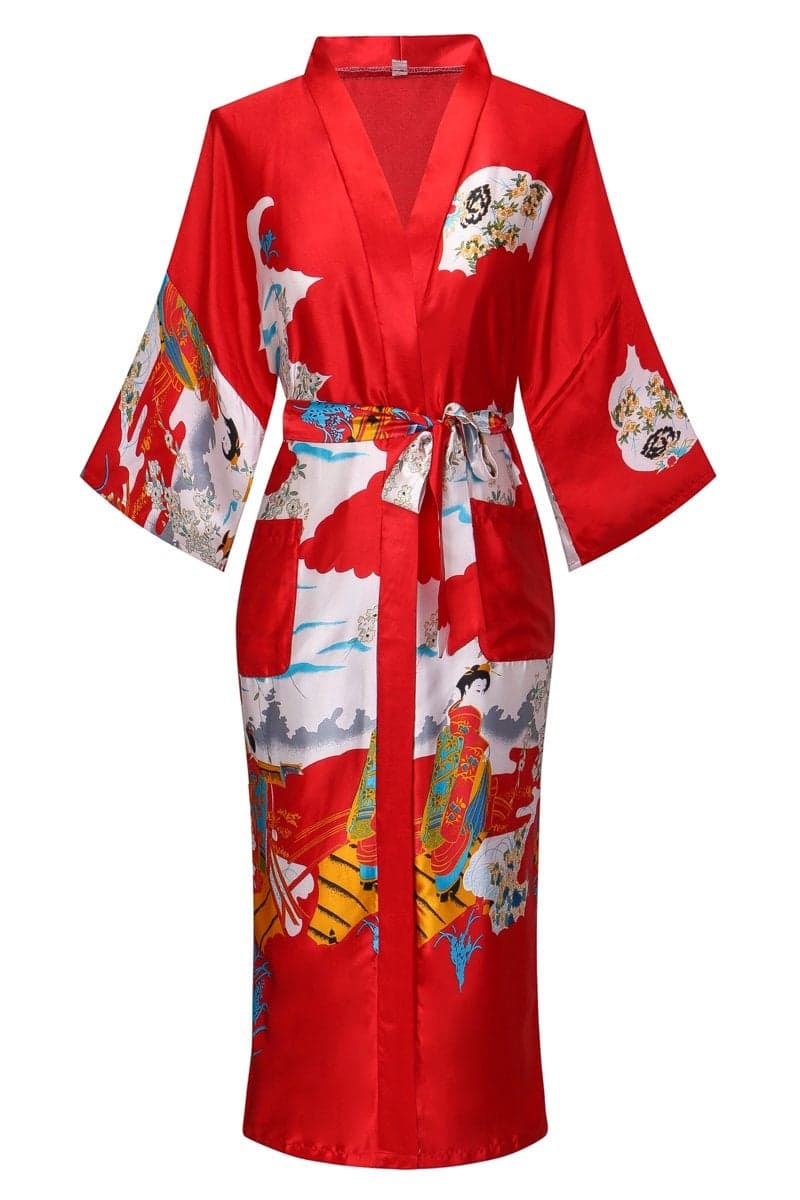 Dandychic Women's Kimono Robes Pagoda Print Kimono Imitation Silk Long Style X-Large Red