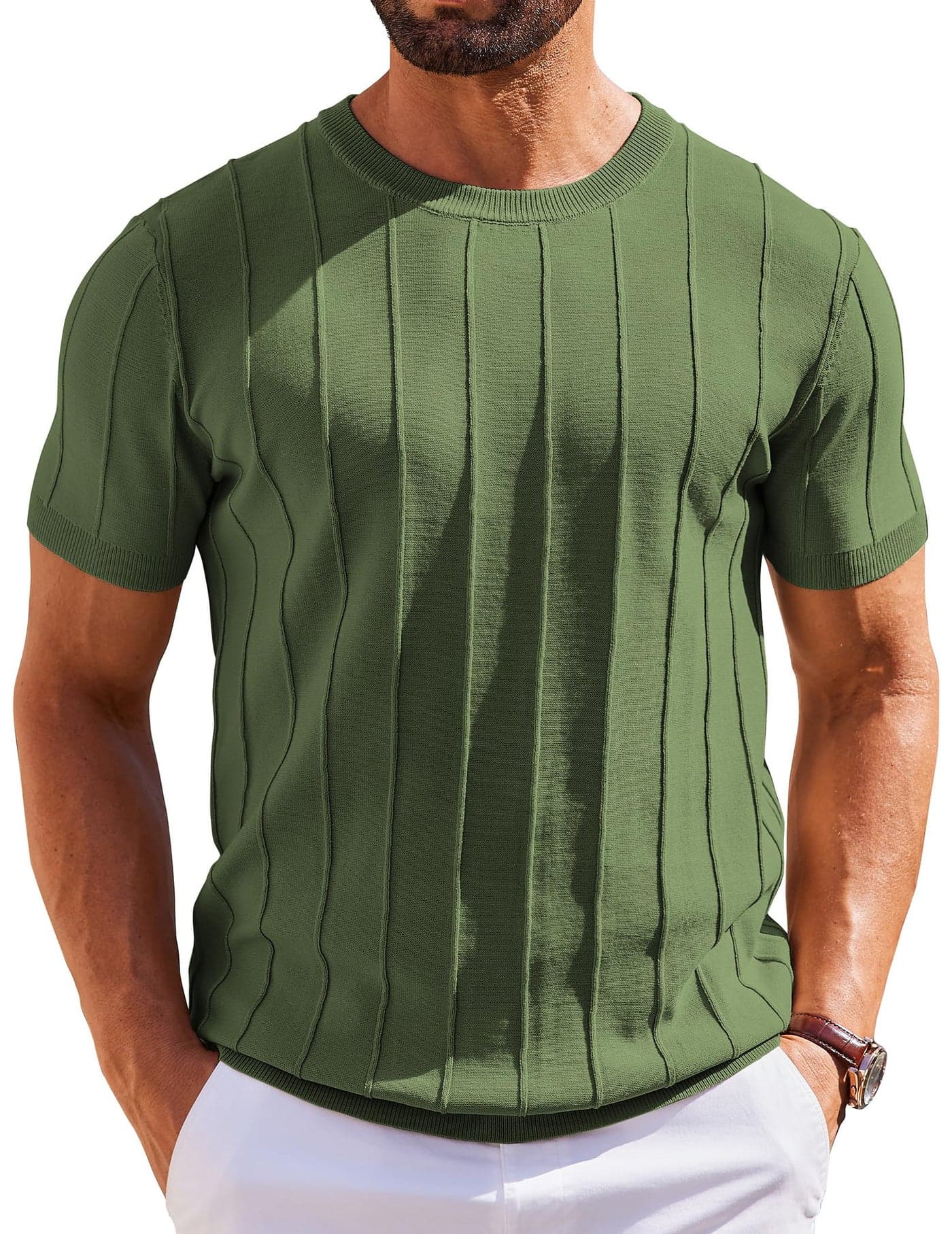 COOFANDY Mens Dress T Shirts Summer Short Sleeve Sweater Shirt Knitted Crewneck Tee Shirt Army Green