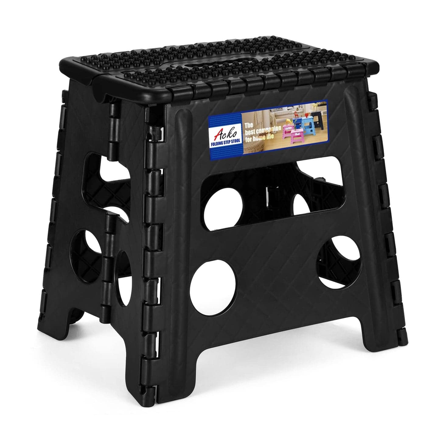 ACKO Folding Step Stool 13 inch Height Premium Heavy Duty Foldable Step Stools for Adults and Kids Kitchen Plastic Small Collapsible Stepping Stool Hold Up to 300 LB Dot Black 1 Pack