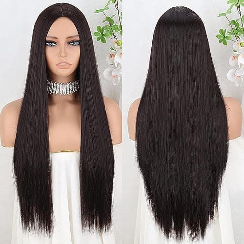 MISS LIRENN® Lace Front Synthetic Hair Wigs for Women Glueless with Middle Part Straight Hair Wigs, 27 Inches Long, 300 Gram, Natural Brown #4 + 02 Wig Cap Free