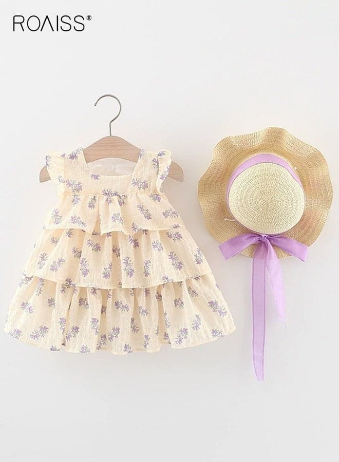 Girls 2PCS Summer Dress Set, Ruffle Sleeve Square Neck Dress and Sunhat Set, Stylish Floral A-line Dress, Elegant Chic Frock for Girls, Suitable for Daily Wear, Vacations or Any Occasion