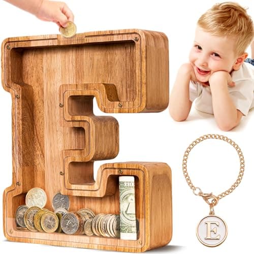 SummiDate Wooden Letter Piggy Bank for Kids| Piggy Bank for Boys Girls Toddler| Alphabet E Money Bank| Wood Coin Bank Personalized Birthday Easter Gift for Kids (E)