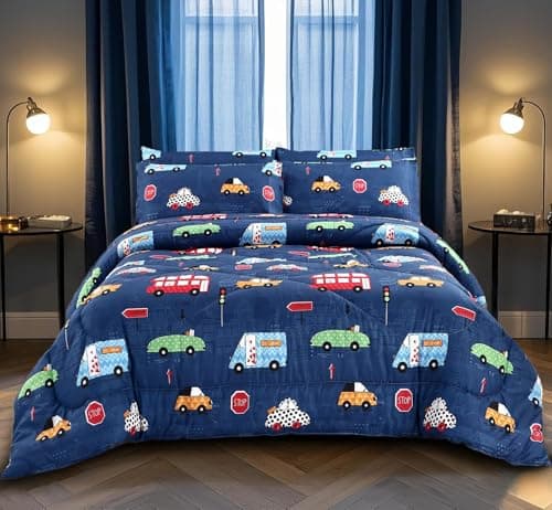 MAG 3Pcs Cartoon Car Bedding Comforter Set,Blue Cute Twin Comforter Set for Toddlers Kids Boys Teens and Girls,All Season Microfiber Super Soft,Twin Size