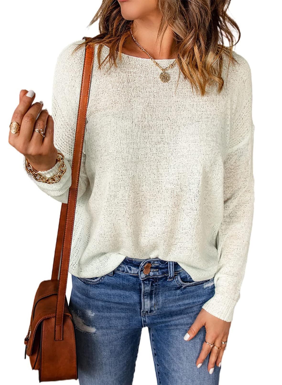 Acelitt Womens Casual Fall Long Sleeve Crewneck Lightweight Loose 2025 Crochet Knit Pullover Sweaters Tops White Medium