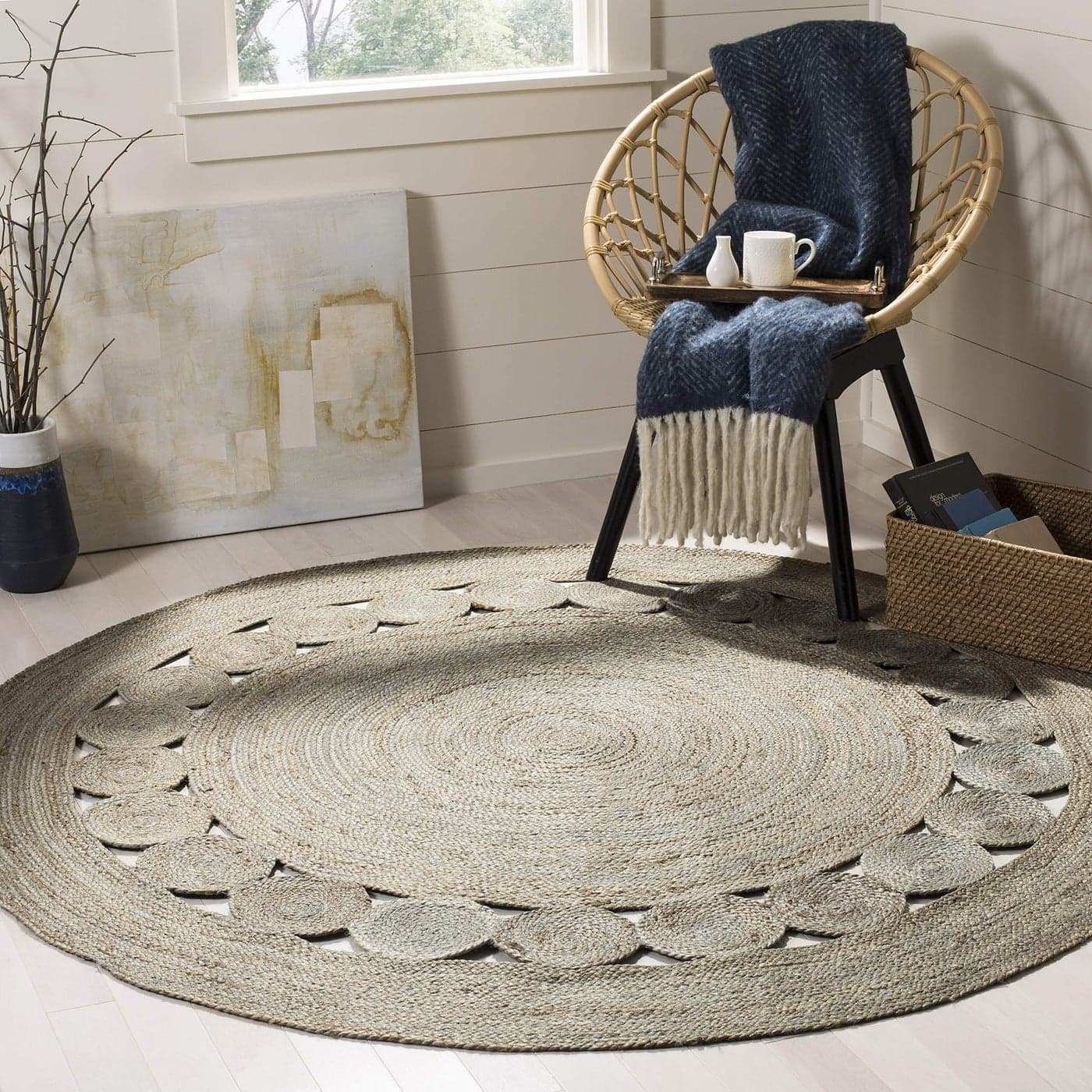SAFAVIEH Area Rug 5 Round Natural Fiber Collection Grey Handmade Jute Boho Farmhouse Braided Design NF364C