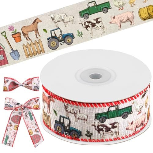 Rustic Farm Animal Ribbon 15 Inch Farm Themed Wired Ribbon Barnyard Horse Sheep Truck Cow Print Burlap Ribbons for Baby Shower Decoration Gifts Wrapping DIY Crafts
