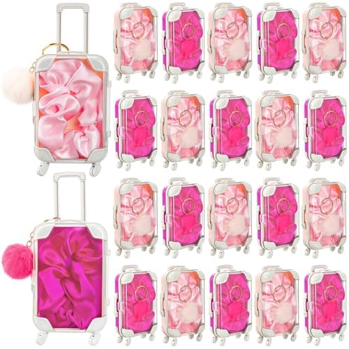 LemonRoad 60 Pcs Mini Empty Suitcase Storage Box with Plush Ball Keychain and Scrunchies for Baby Shower Bride Shower Clear Candy Luggage Containers Packaging Case(Pink,Rose Red)