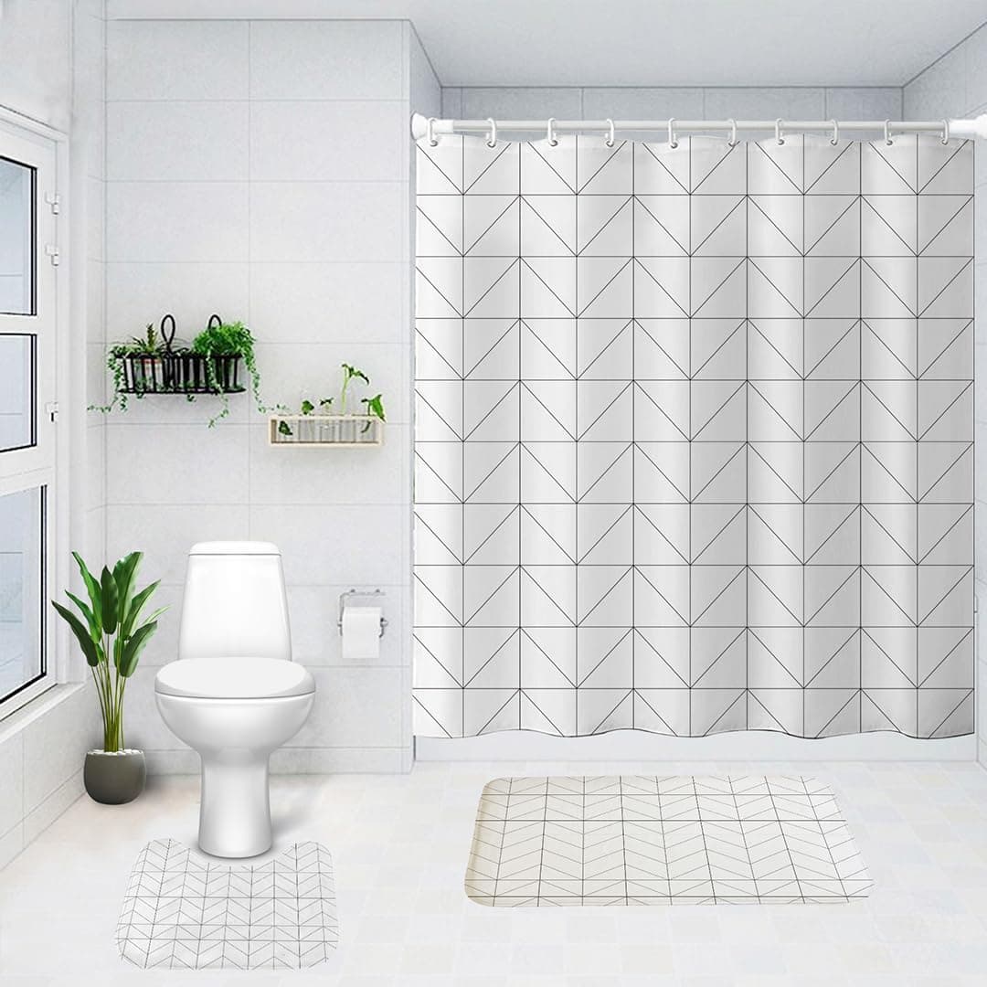 Kuber Industries Shower Curtain Bathmat Set NonSlip Bath mats for Bathroom EasySlide Curtains Polyester Curtain or Bathmat for Bath Dcor YL01133T 3 Pcs Set Multicolor