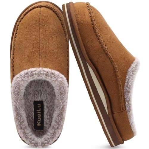 KuaiLu Mens Slippers with Orthotic Arch Support Suede Faux Fur Fluff Plush Wool-like Warm House Shoes Comfortable Slip-on Bedroom Indoor Outdoor Clogs Slippers for Man, Size Khaki 11