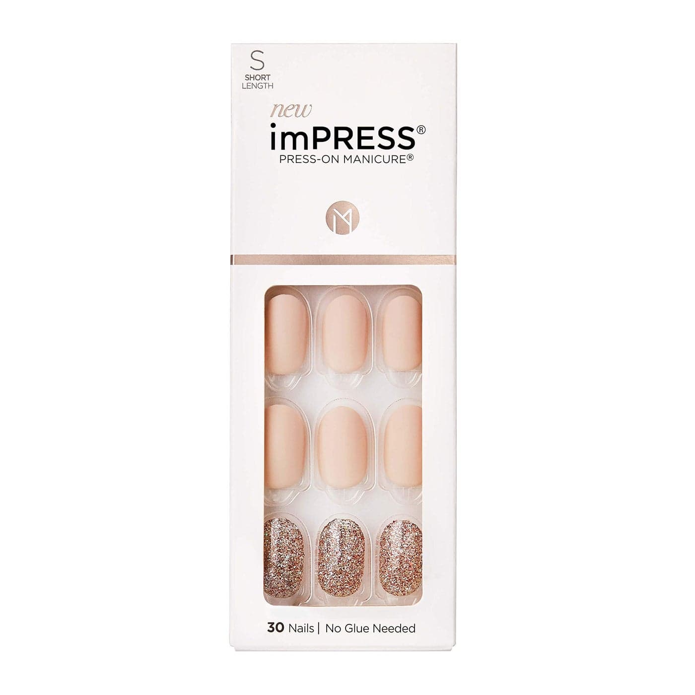 KISS imPRESS No Glue Mani Press On Nails Design Evanesce Beige Short Size Oval Shape Includes 30 Nails Prep Pad Instructions Sheet 1 Manicure Stick 1 Mini File