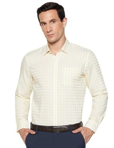 Peter England Men's Classic Checkered Formal Slim Fit Full Sleeve Shirt | Wonder Fabric | Cotton-Rich Yellow
