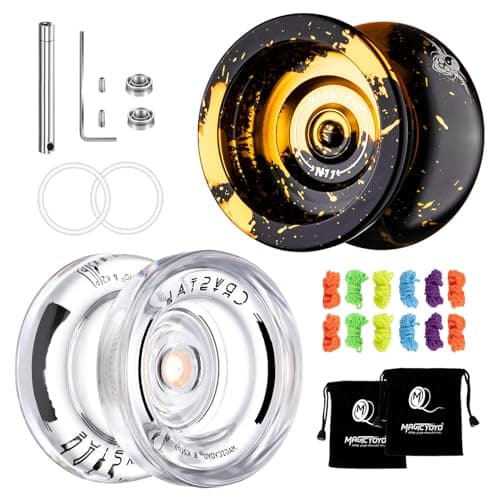 MAGICYOYO Dual Purpose Yoyos Pack of 2, Metal Yoyo N11 &Plastic Yo Yo K2 Crystal White Responsive Yo Yos for Kids Beginners, Unresponsive Bearings Kit for Pro Finger Spin Tricks +12 Strings+2 Bags