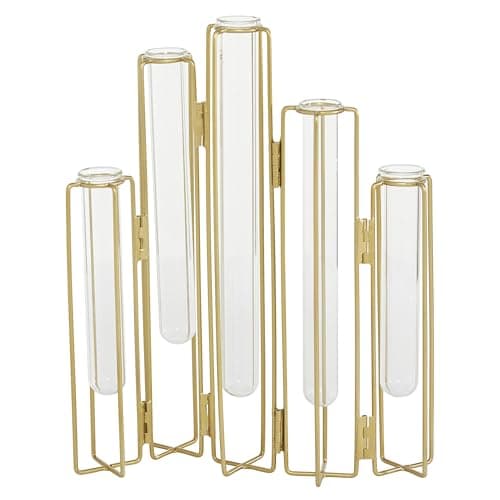 Deco 79 Metal Decorative Vase Foldable Centerpiece Vase with Clear Glass Test Tubes Flower Vase for Home Decoration 10 x 3 x 12 Gold