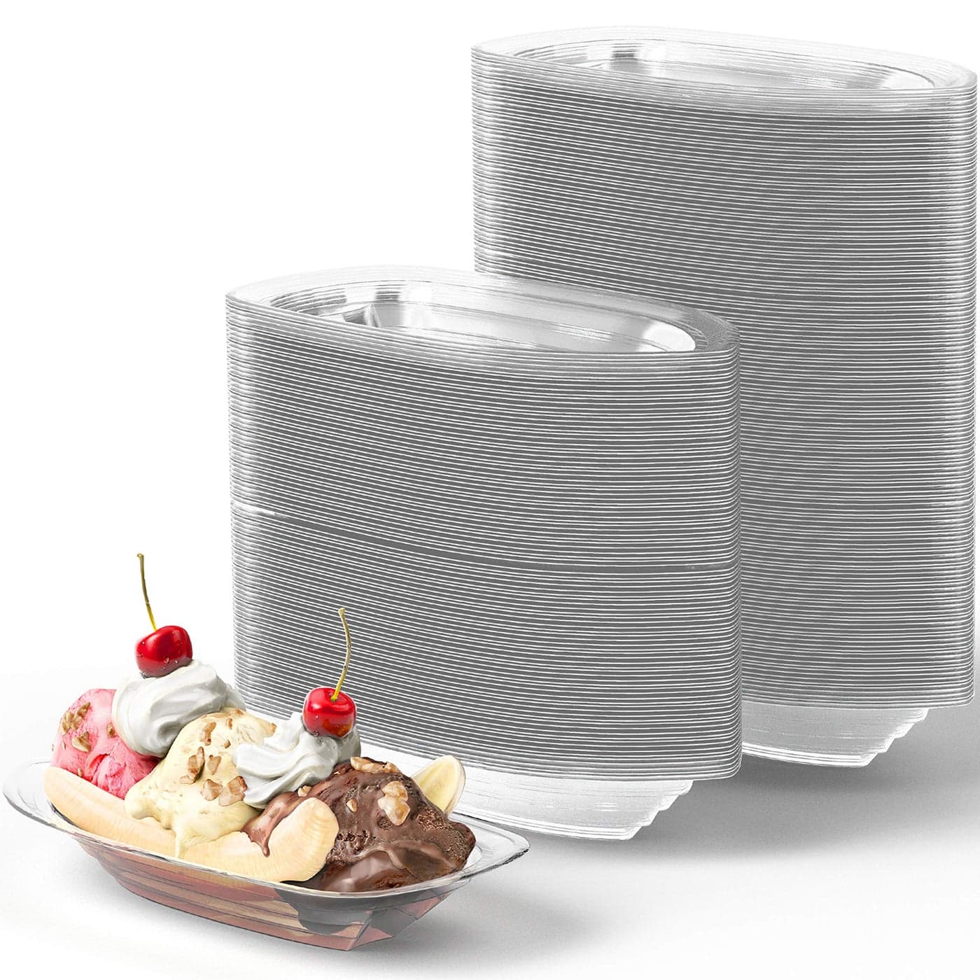 Super Fun Recyclable 8oz Banana Split Boats 250 Pack Durable Disposable Ice Cream Sundae Bowls Perfect Plastic Cups for Social Event or Kids Birthday Party Great Clear Dessert Tray for Carnivals