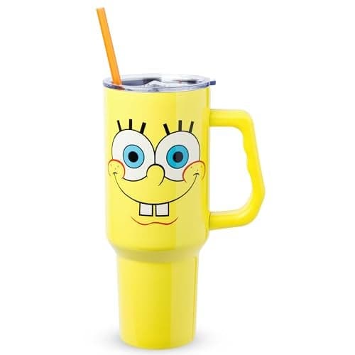 Silver Buffalo SpongeBob SquarePants Stainless Steel Tumbler with Handle, Fits in Standard Cup Holder, 40 Ounces