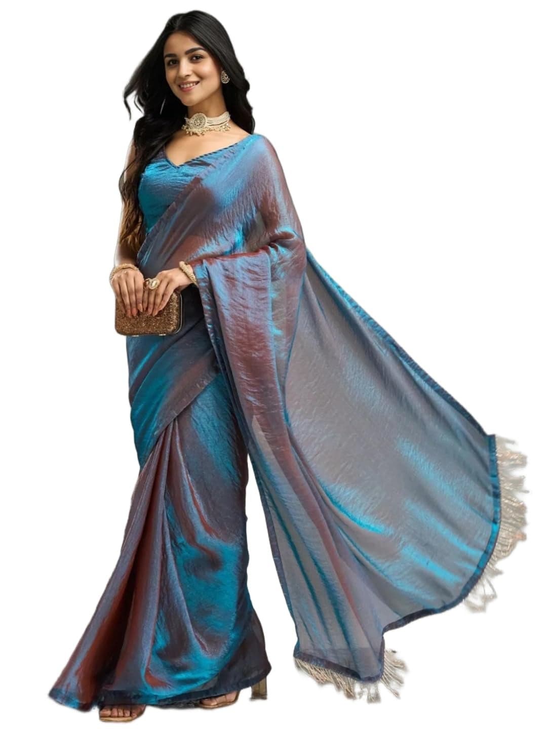 Sidhidata Women's TWo-shade Sky Blue Ready-to-wear Zimmy Choo Fandy Silk Saree With Tassel Detailing With Unstitched Blouse Piece (Rtw Rasna Sky Blue_sky Blue_Free Size)