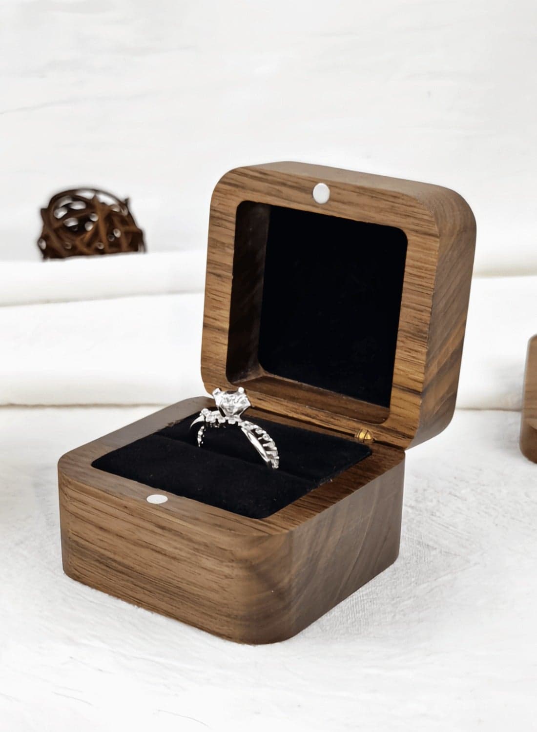 Natural wood ring box for engagement, black walnut wedding ring box