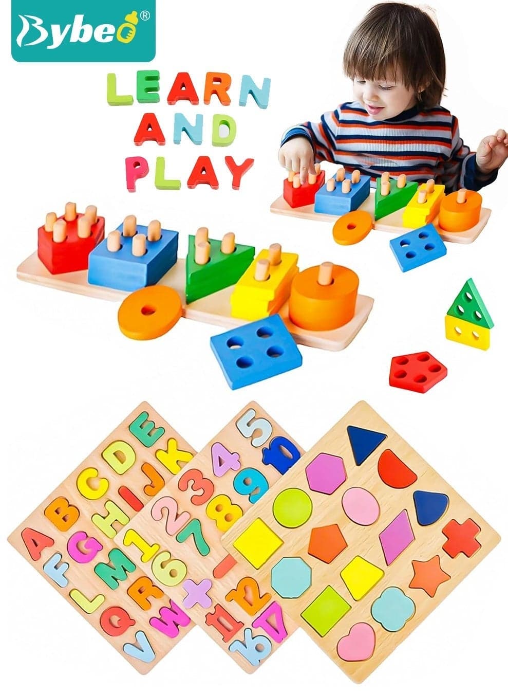 4 Pack Toddler Montessori Toys, Kids Wooden Puzzles, Sorting & Stacking Toys, Alphabet Number Shape Puzzles, Color Recognition Stacker Shape Sorter for 1~4 Year Old Boys Girls