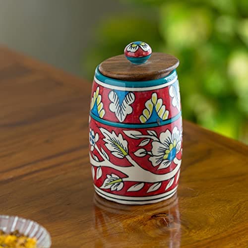 ExclusiveLane 'Mughal Drum' Multi Utility Storage Ceramic Jar For Kitchen Storage With Wooden Lid (Airtight,570 ML)|Ceramic Jars And Container For Kitchen Storage Airtight Container For Kitchen,Red