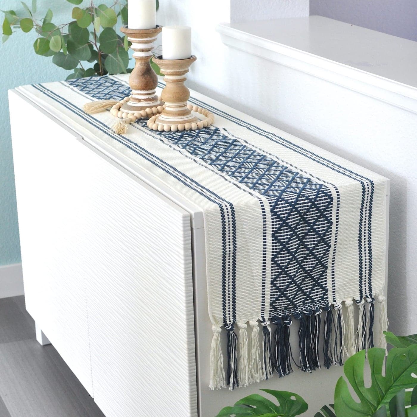 Boho Small Coffee or Dining Table Runner with Tassels 14 x 48 Inches Blue Cream Woven Washable Dresser Scarf for Bedroom Farmhouse Table Topper Centerpiece Decorations