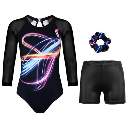 JOYSTREAM Gymnastics Leotards for Girls with Shorts Sparkly Ballet Dance Long Mesh Sleeve Sparkly Wave1011Years