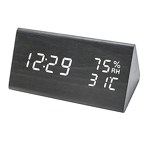 Lancoon Wooden Alarm Clock Time Date Temperature and Humidity Display 1224H Sound Activation 3 Alarm Settings Adjustable Brightness for Home Bedroom Office Travel