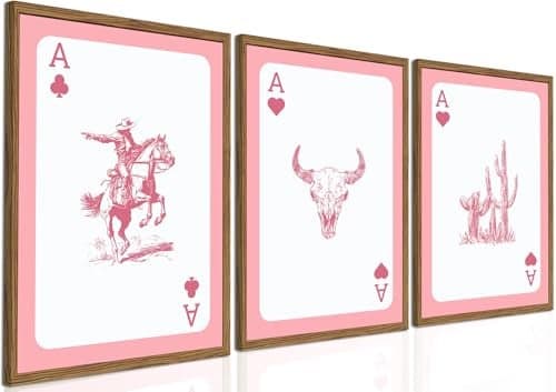 Set of 3 Western Cowgirl Wall Art Pink Bull Skull Wall Decor Painting Southwestern Playing Card Poster Canvas Prints Picture for Bedroom Living Room Wood Framed 12x16 inch