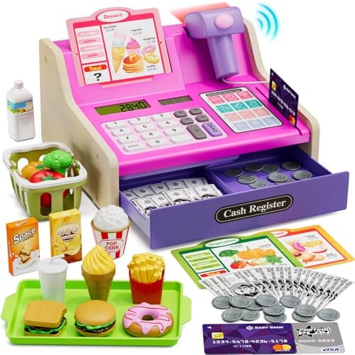 HYES Cash Registers for Kids Rechargeable Pretend Play Toys Supermarket Fast Food Restaurant Cashier Toy with Play Money Pretend Food Birthday Gifts for Kids Boy Girl Age 48 Pink