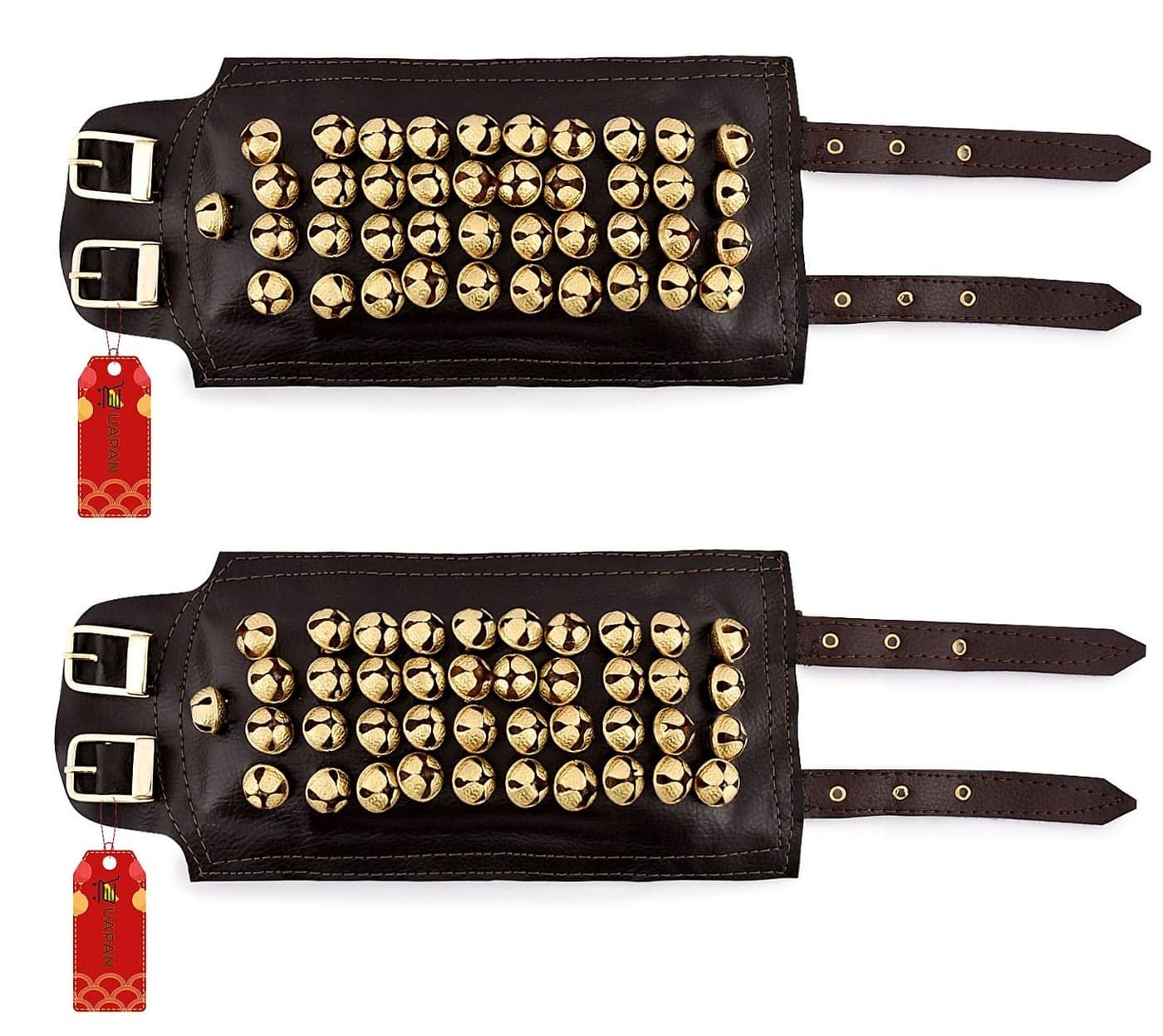 UAPAN 4 line Bells Leather Pad for Classical Bharatanatyam Kathak Dance with Adjustable Strap (Brown Leather, Belt)
