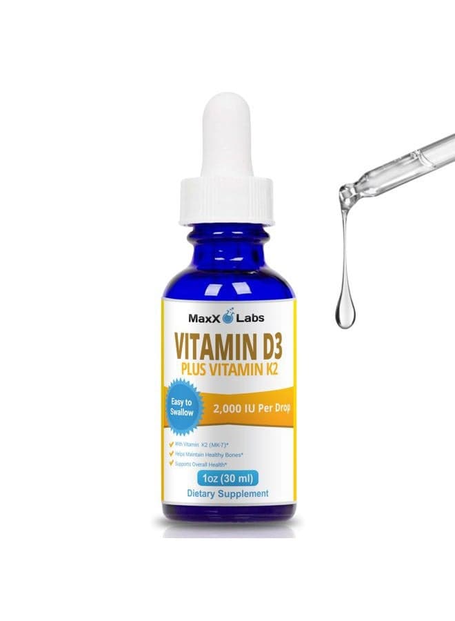 Vitamin D3 K2 Liquid Drops - Vitamin D3 2000 IU Per Drop - Liquid Vitamin D3 with K2 Supplements for Adults & Kids - Vit D for Healthy Bones, Heart & Immune Health - Vitamin D K2 MK7 Dropper 1 Oz