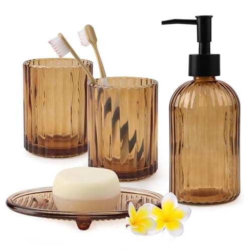 4Pcs Glass Bathroom Accessories Set, Amber Bathroom Set Glass Bathroom Decor Set with Complete Lotion Soap Dispenser, Toothbrush Holder, Mouthwash Cup, Soap Dish for Home Apartment