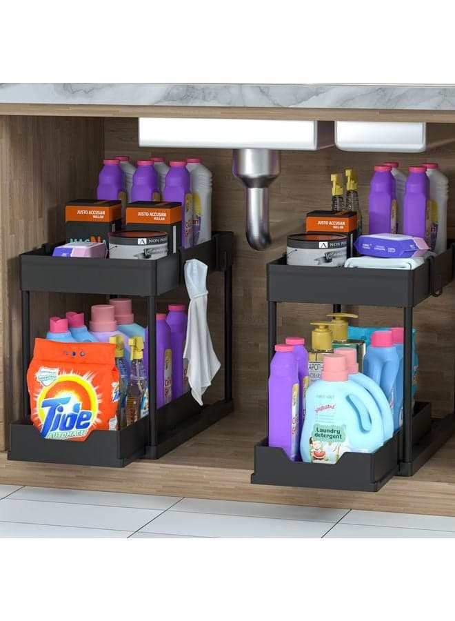2PC Under Sink Organizer Rack 2 Tier Under Sliding Cabinet Basket Organizer Drawer with 4 Hooks, Multi-purpose Under Sink Storage for Bathroom Kitchen Desktop(Black)